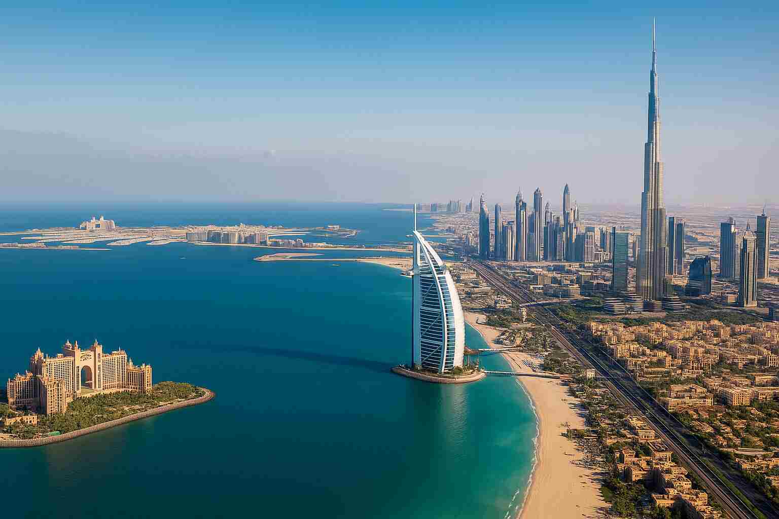 إطلالة بانورامية على مدينة دبي تُظهر شواطئها ومعالمها السياحية المميزة في أجواء مشمسة