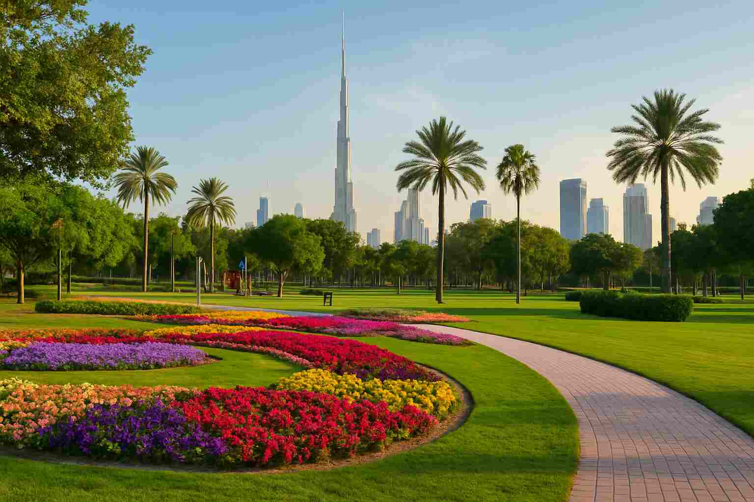 منظر بانورامي لحدائق ومنتزهات دبي يعكس جمال الطبيعة والتنظيم المثالي للعائلات