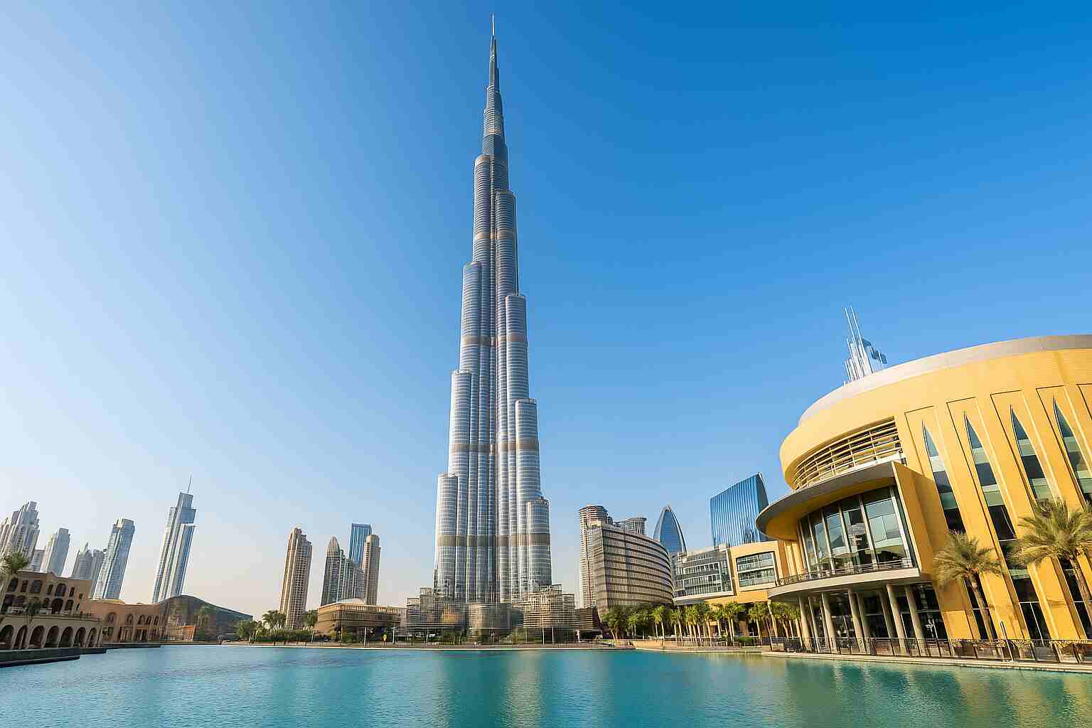 صورة بانورامية لبرج خليفة في دبي تحيط به ناطحات السحاب تحت سماء صافية