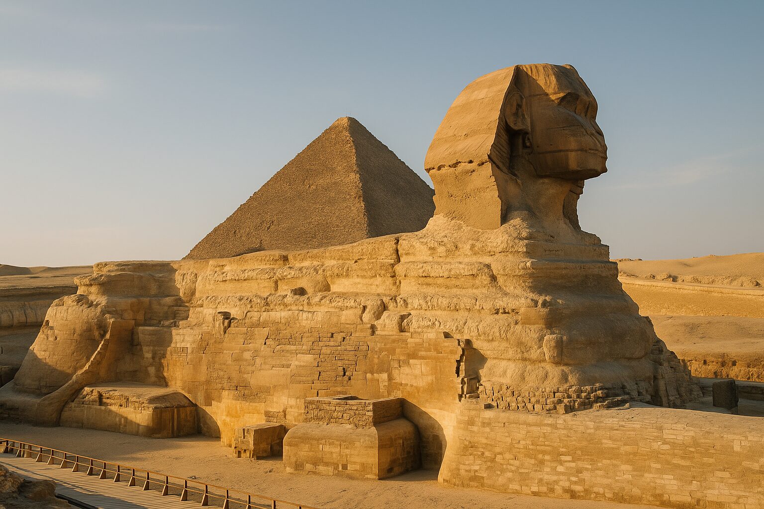 صورة بانورامية واقعية لأهم المعالم السياحية في مصر تشمل الأهرامات والنيل، في أجواء مشرقة وجذابة