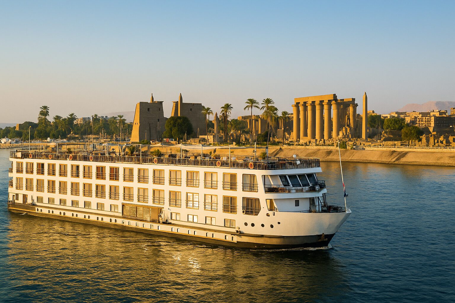 صورة لنهر النيل في مصر تظهر مركب سياحي فاخر أثناء الإبحار بين الأقصر وأسوان