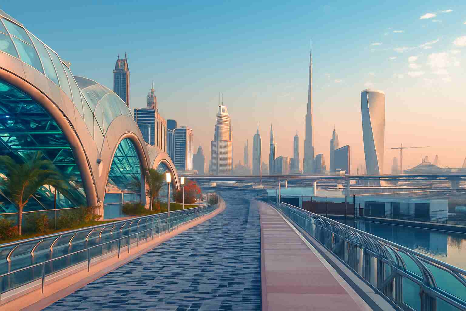 منظر بانورامي لمدينة دبي يظهر ناطحات السحاب الشهيرة مع برج خليفة وأجواء حضرية عصرية